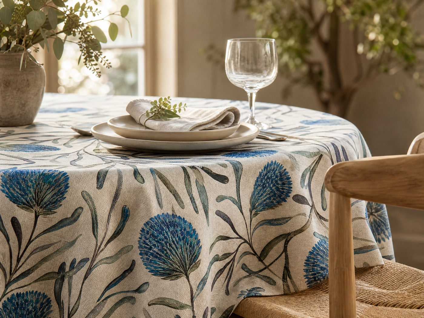 Fynbos Blue Estate tablecloth styled on a table