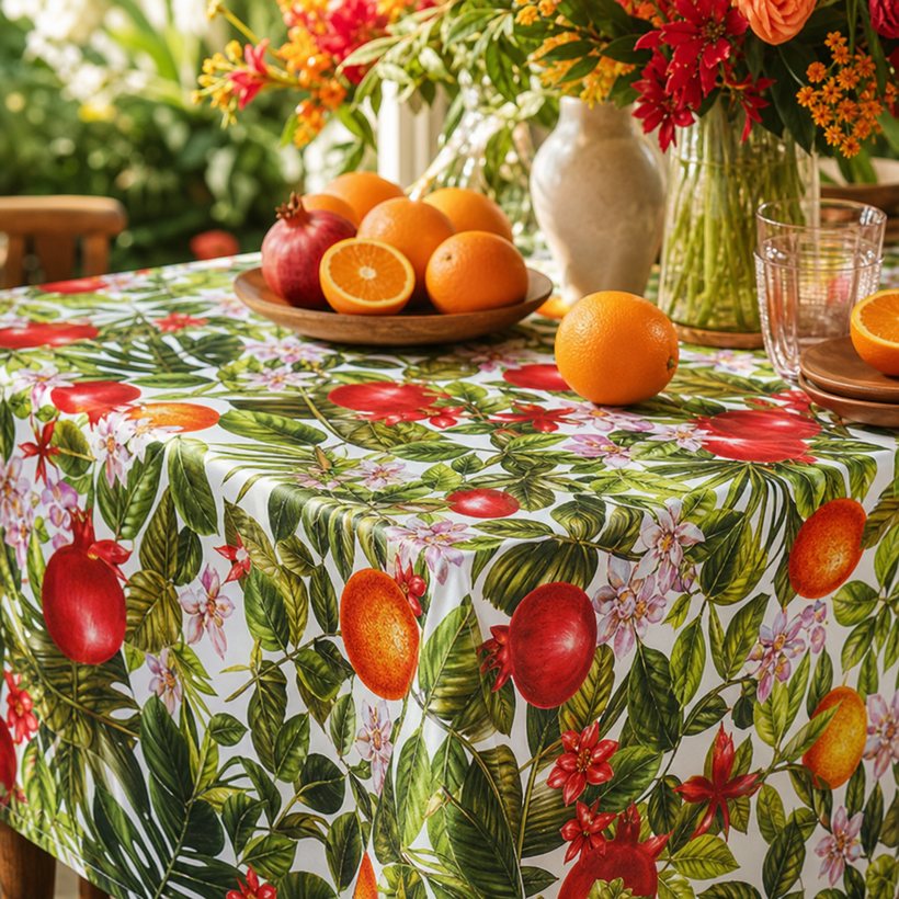 Bold botanical tablecloth on a styled table