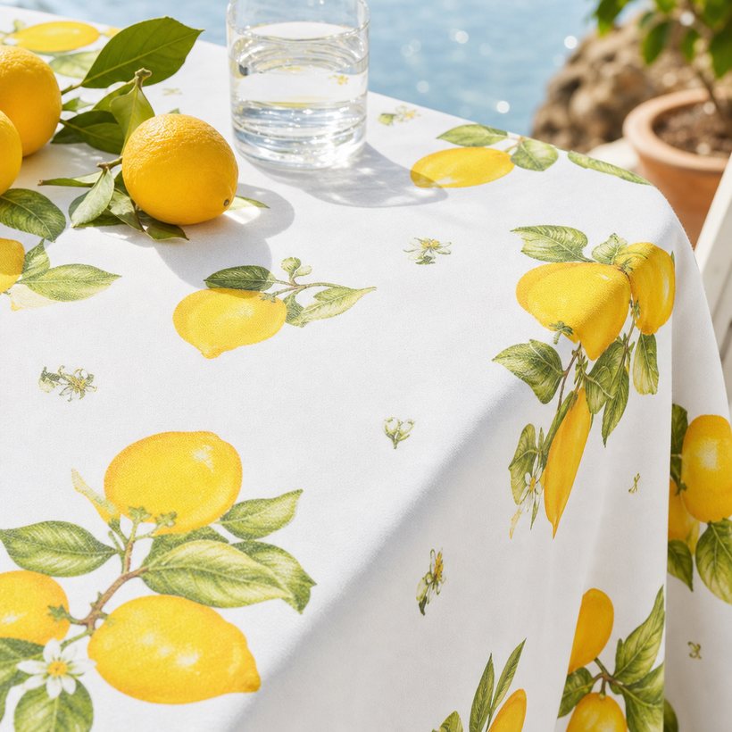 Citrus and coastal tablecloth on a styled table