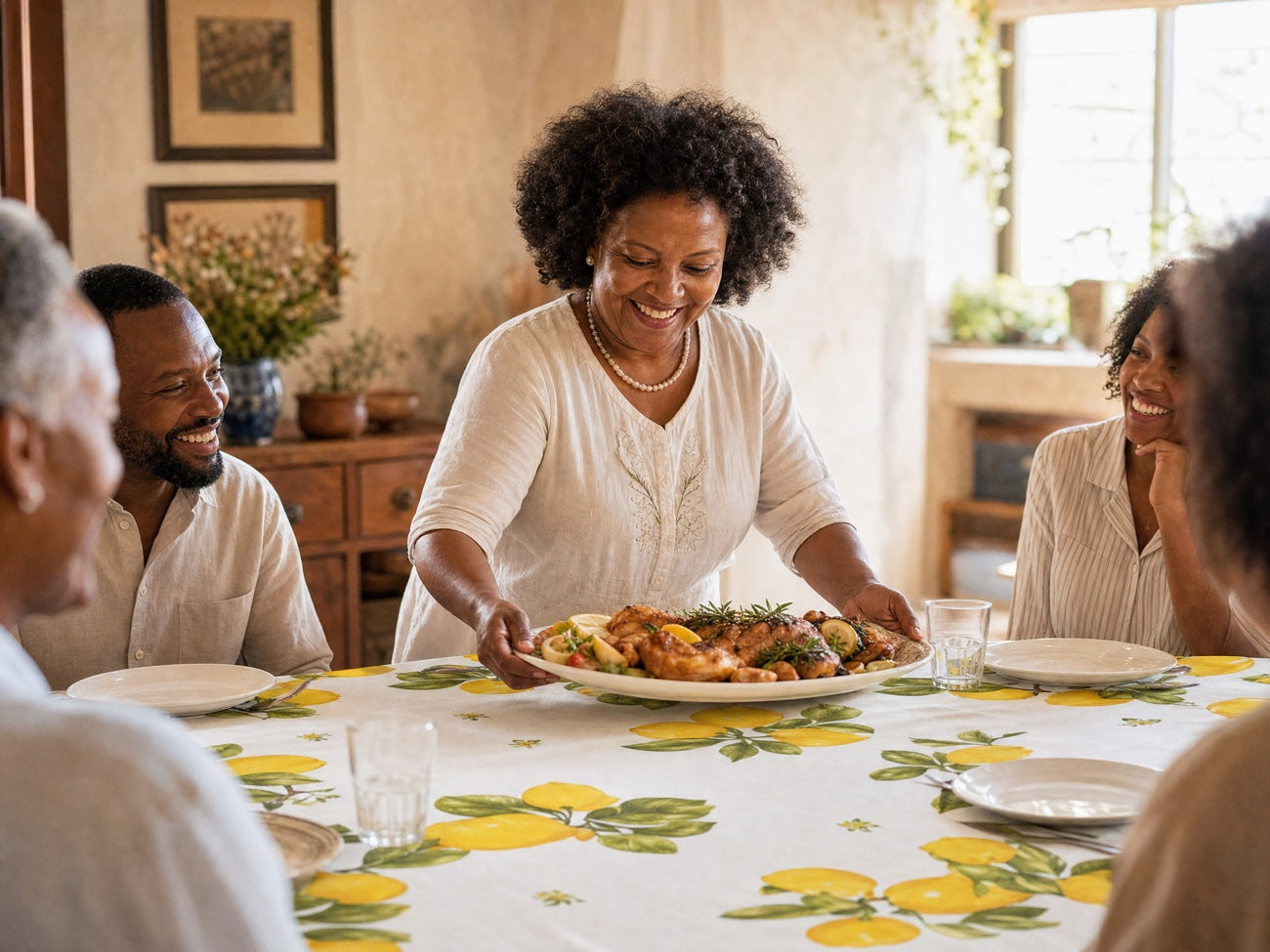A woman serving lunch at a beautifully dressed table