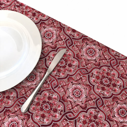 Crimson Red tablecloth by My Table, close-up with a place setting