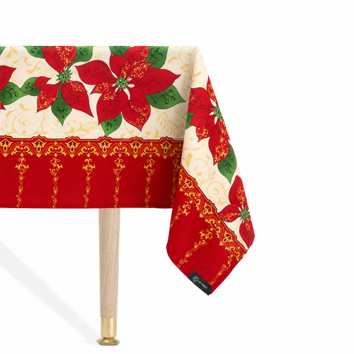 Golden Celebration poinsettia tablecloth draped over a table