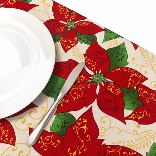 Golden Celebration tablecloth close-up with plate and knife