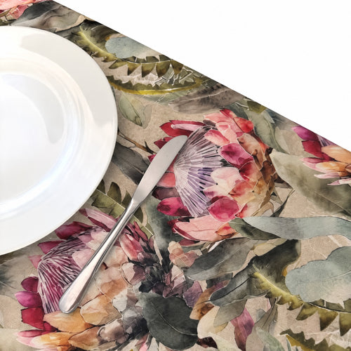 King Protea tablecloth by My Table, close-up with a place setting