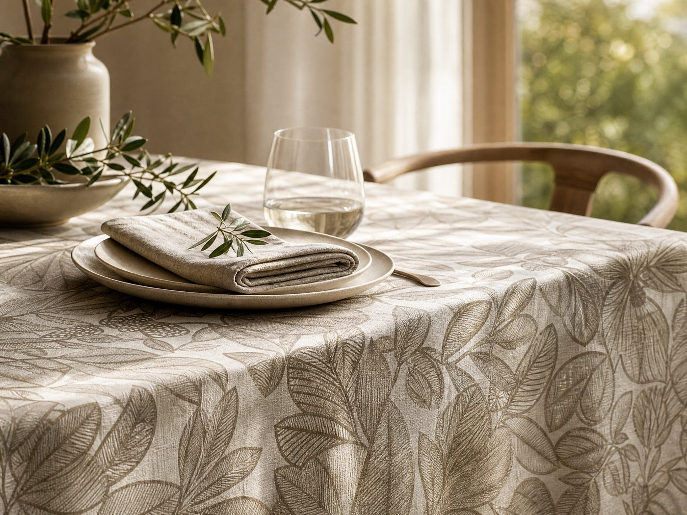 Stone Leaf Estate tablecloth styled on a table