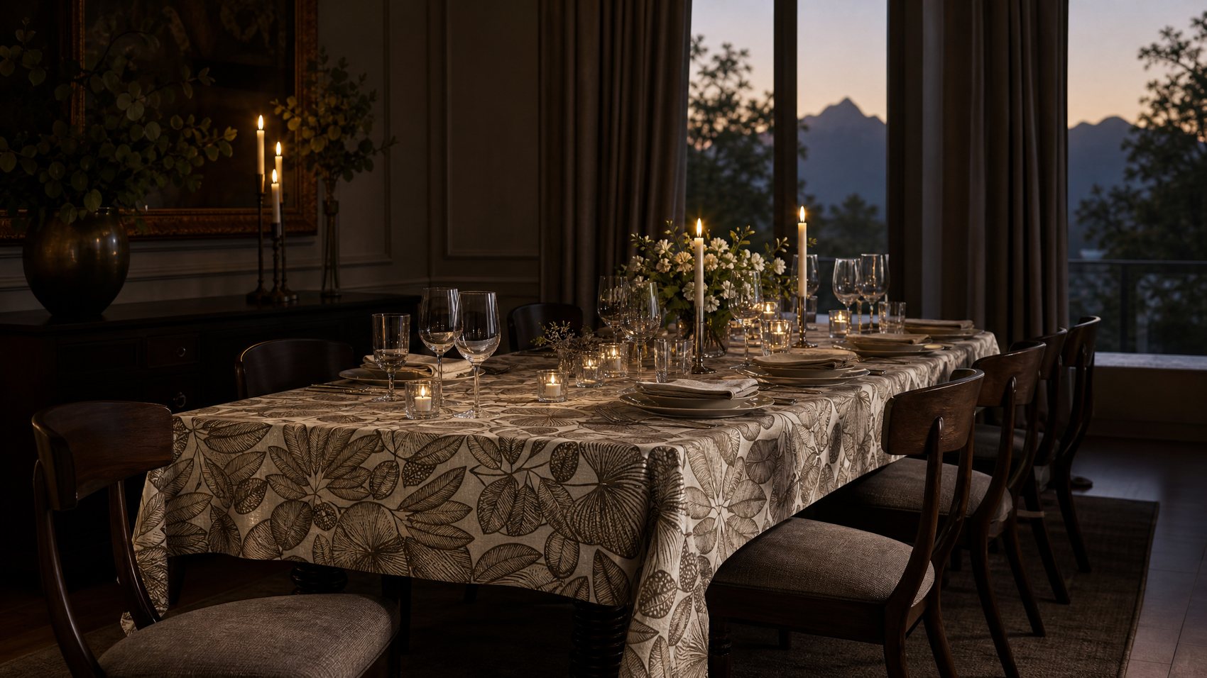 An elegant candlelit dining table dressed in an Estate tablecloth