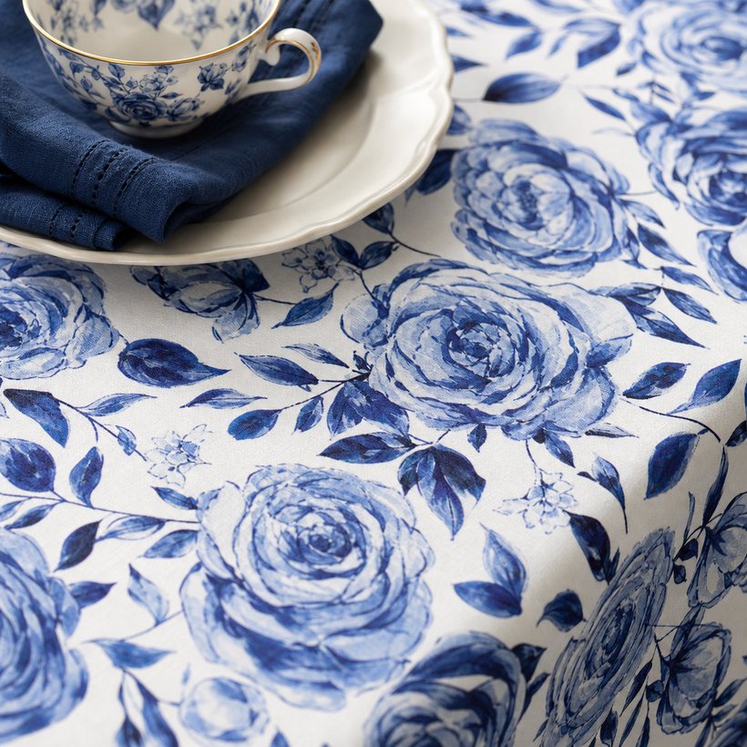 Timeless blue and white tablecloth on a styled table