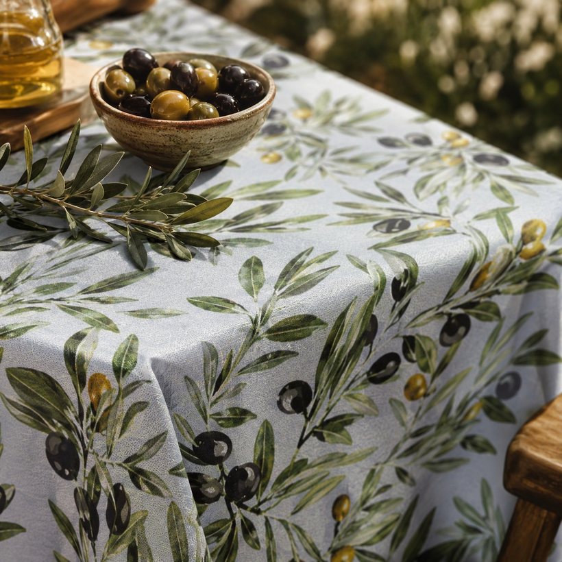 Olive and Mediterranean tablecloth on a styled table