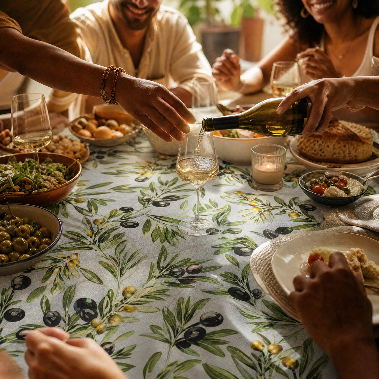 Hands sharing food at the table