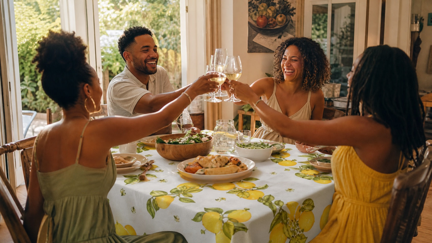 Friends raising a toast around a beautiful table